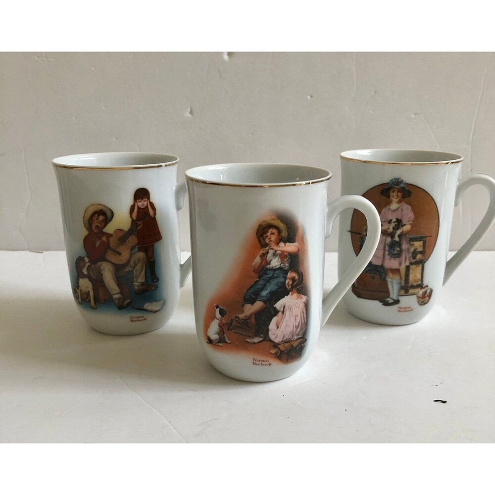 Norman Rockwell Set of 3 Cups Mugs Vintage 1981 Made in Japan White